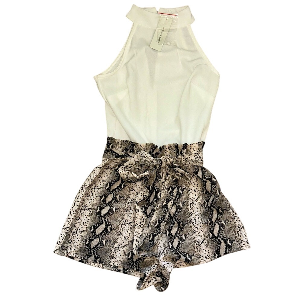 Francescas Ivory Halter Neck Snake Print Paperbag Waist Romper Shorts XXS NWT‎